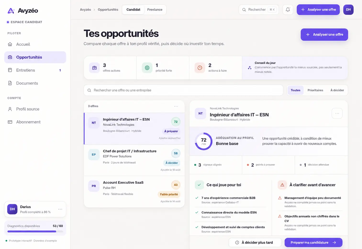 Diagnostic Avyzéo comparant une offre au profil vérifié et détaillant les forces, les écarts et la prochaine action.