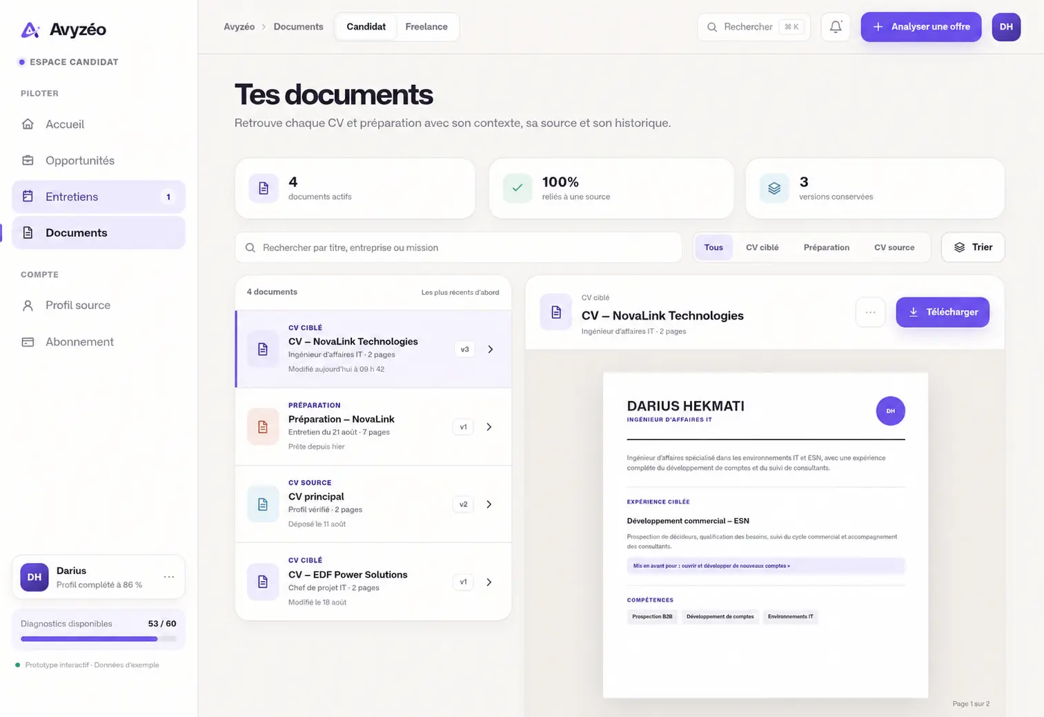 Bibliothèque Avyzéo montrant un CV ciblé, ses versions, son contexte et son aperçu.